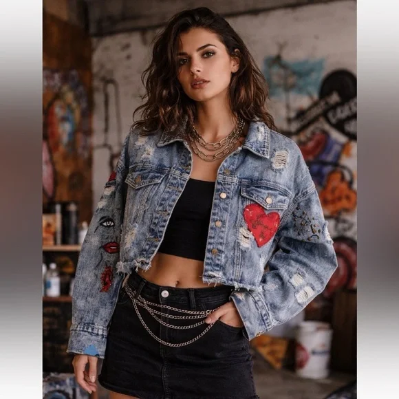 PQUCE One of a Kind Hand Painted Studded Acid Wash Denim Jacket Size M - Picture 3 of 9